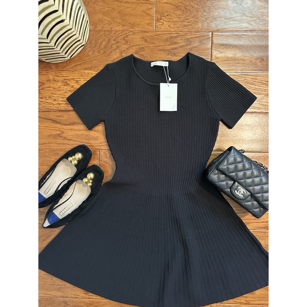 NWT OAK + FORT Womens Small Black Ribbed Knit Fit Flare Mini Dress Short Sleeve